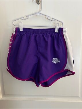 Varsity Brand Purple Athletic Shorts with White Panels and Pink Trim.